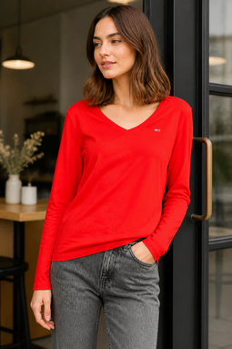 Tommy Hilfiger Women V-Neck L/S Organic Logo Tee Red