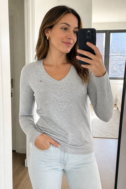 Tommy Hilfiger Women V-Neck L/S Organic Logo Tee Grey