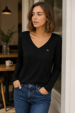 Tommy Hilfiger Women V-Neck L/S Organic Logo Tee Black