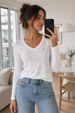 Tommy Hilfiger Women V-Neck L/S Organic Logo Tee White