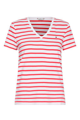 Tommy Hilfiger Women Slim Fit V-Neck Stripe Tee White/Red