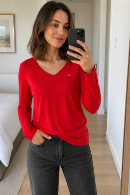 Tommy Hilfiger Women V-Neck L/S Organic Logo Tee Red