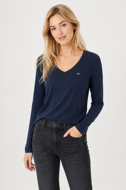 Tommy Hilfiger Women V-Neck L/S Organic Logo Tee Navy